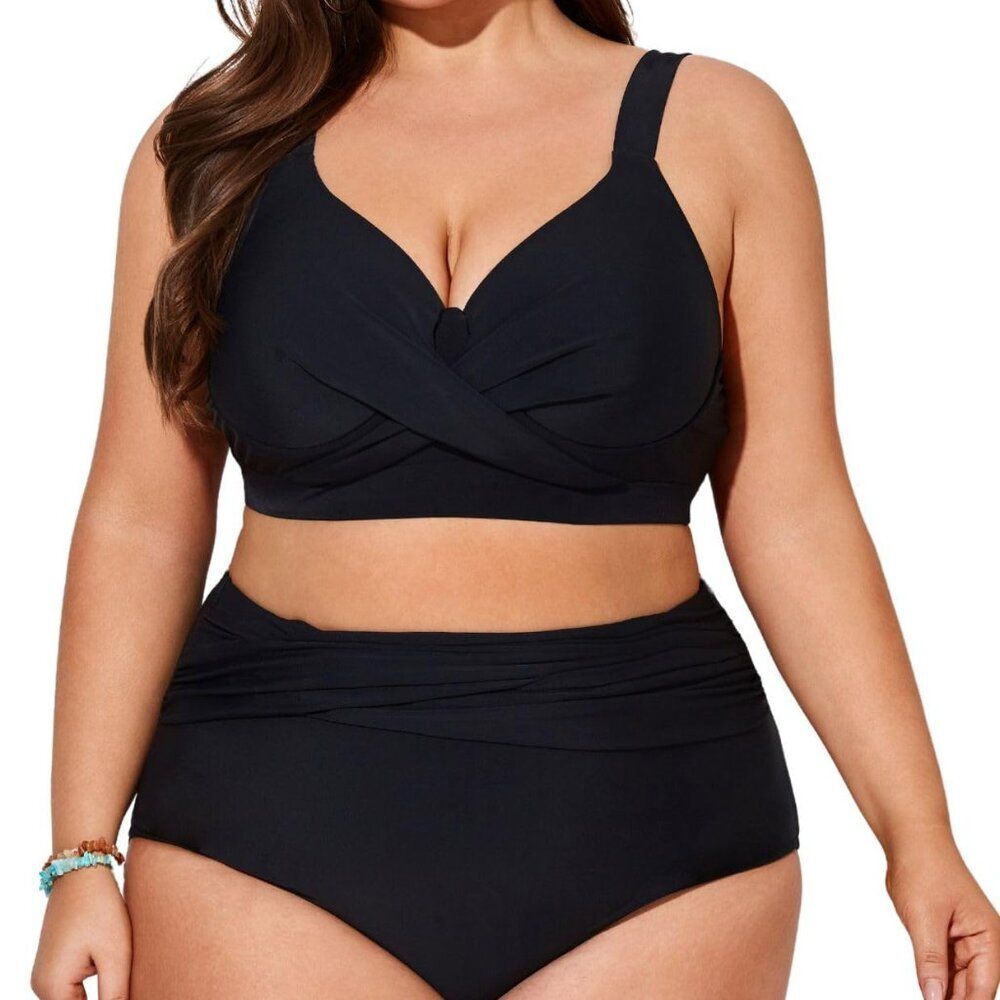 Plus Size Black High-Waisted Tummy Control Bikini Set Black Size 14W